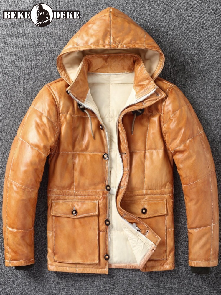 Leather Work Jacket With Hood - Зимняя мужская куртка из натуральной овчины