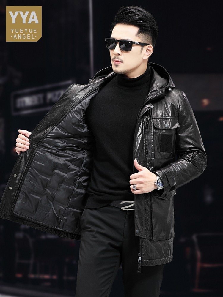 Leather Work Jacket With Hood - Мужское зимнее теплое средней длины масляный