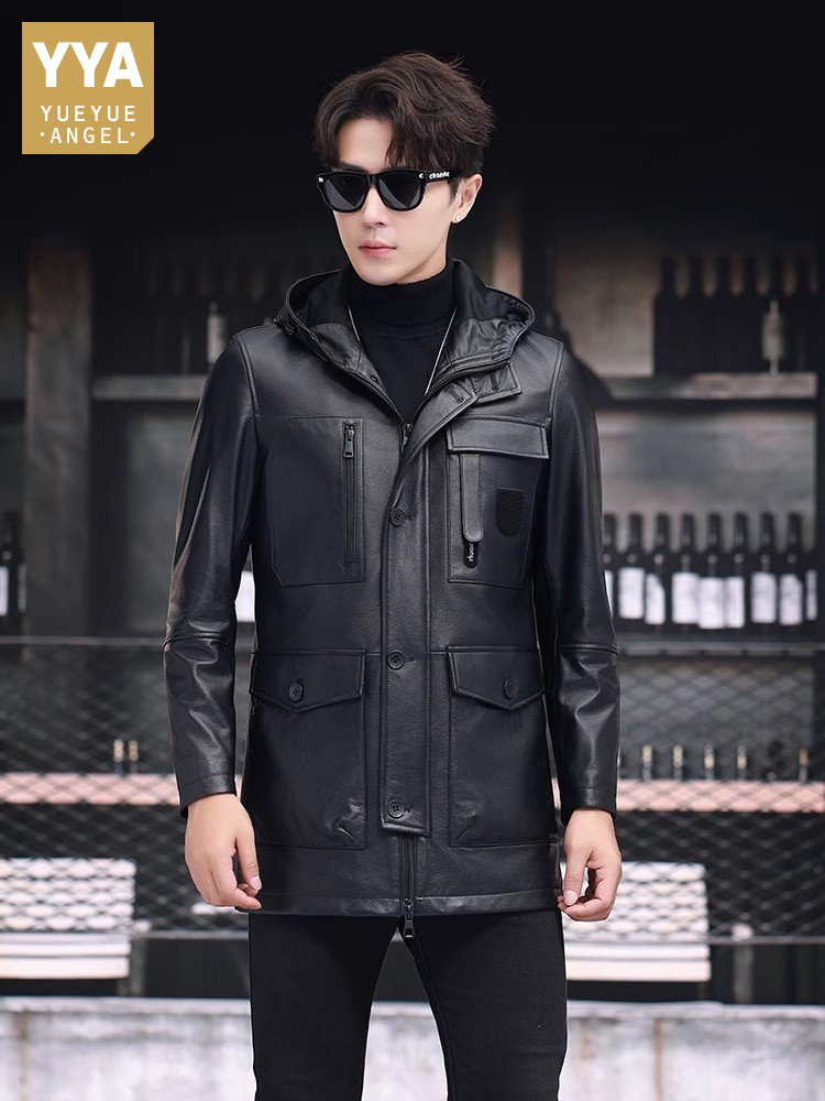 Leather Work Jacket With Hood - Зимний деловой мужской рабочий пуховик средней