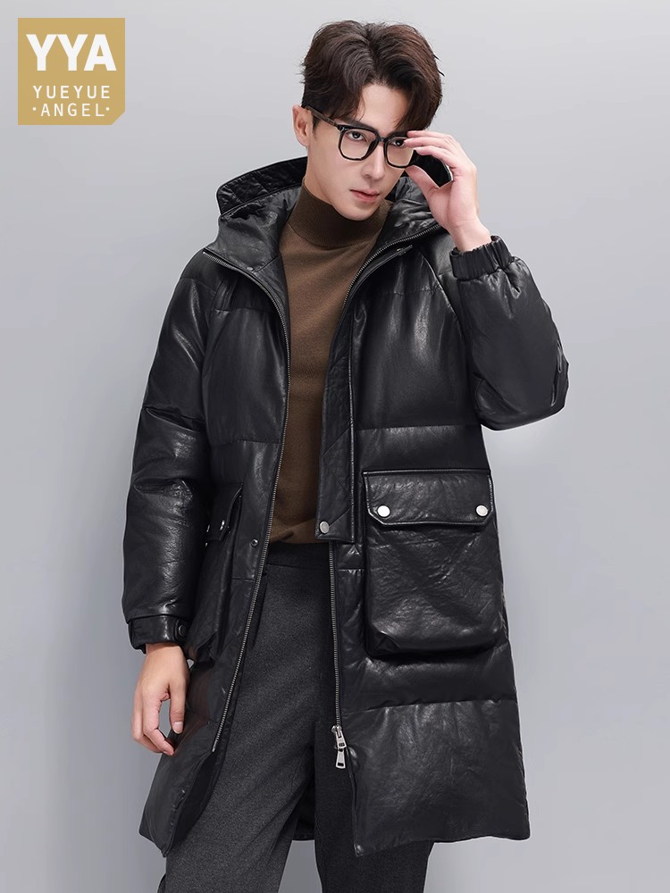 Leather Work Jacket With Hood - Зимняя мужская теплая куртка на гусином