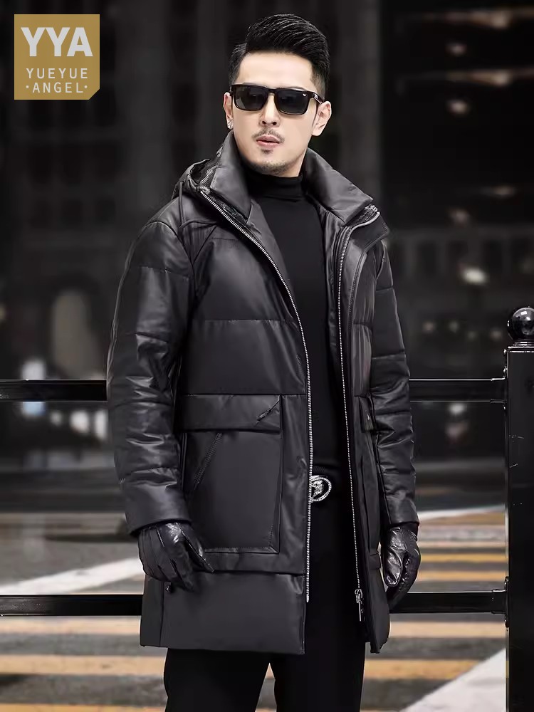 Leather Work Jacket With Hood - Зимнее мужское толстое теплое белое пальто