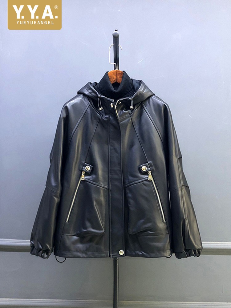 Leather Work Jacket With Hood - Горячая распродажа: осенняя женская короткая куртка
