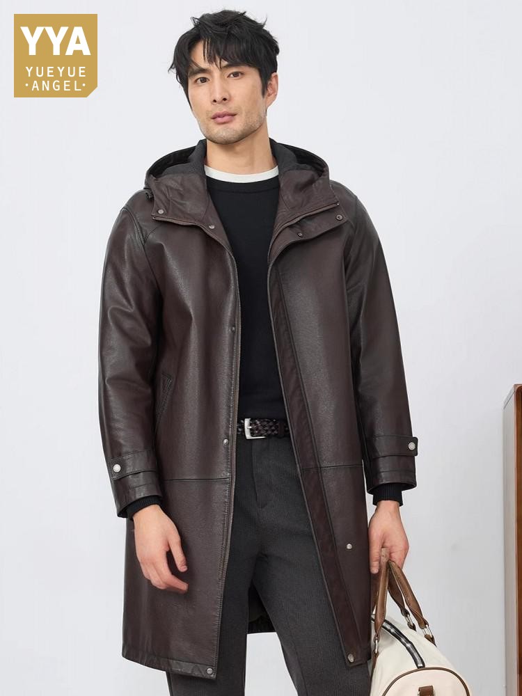 Leather Work Jacket With Hood - Модная мужская осенняя новая длинная куртка