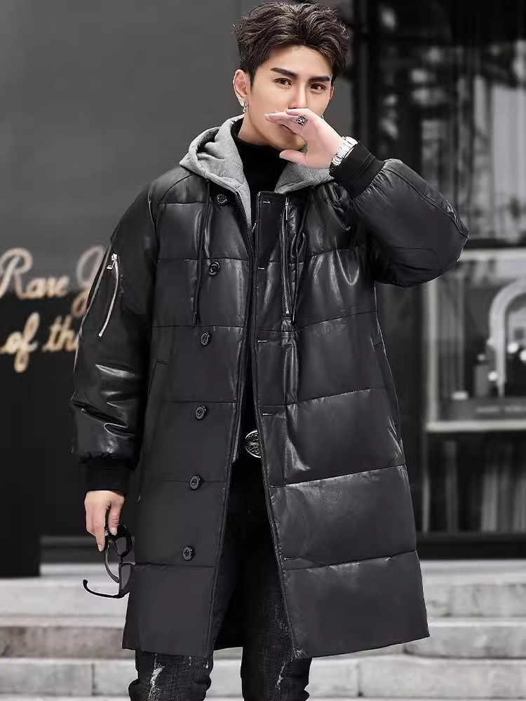 Новый зимний мужской длинный п – обзор и цена Leather Work Jacket With Hood